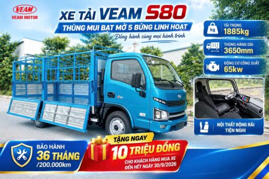 VEAM S80 THÙNG MUI BẠT 5 BỬNG – TẢI 1.9 TẤN, THÙNG 3.65M, MỞ BỬNG LINH HOẠT